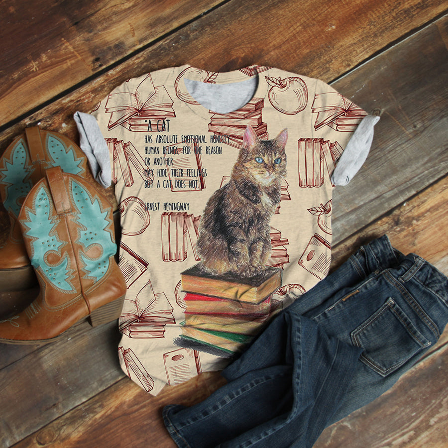 Fluffy Cat With Books T-Shirt