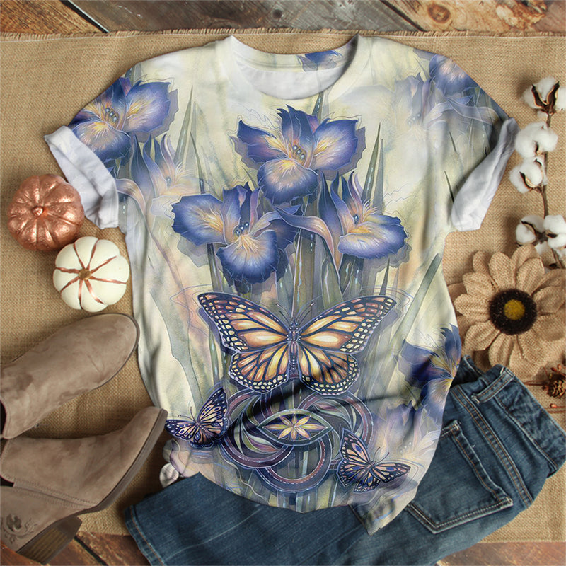 Blue Butterfly With Flower T-Shirt