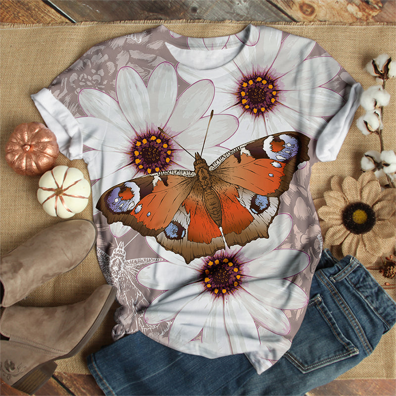 Unique Butterfly On White Flowers T-Shirt