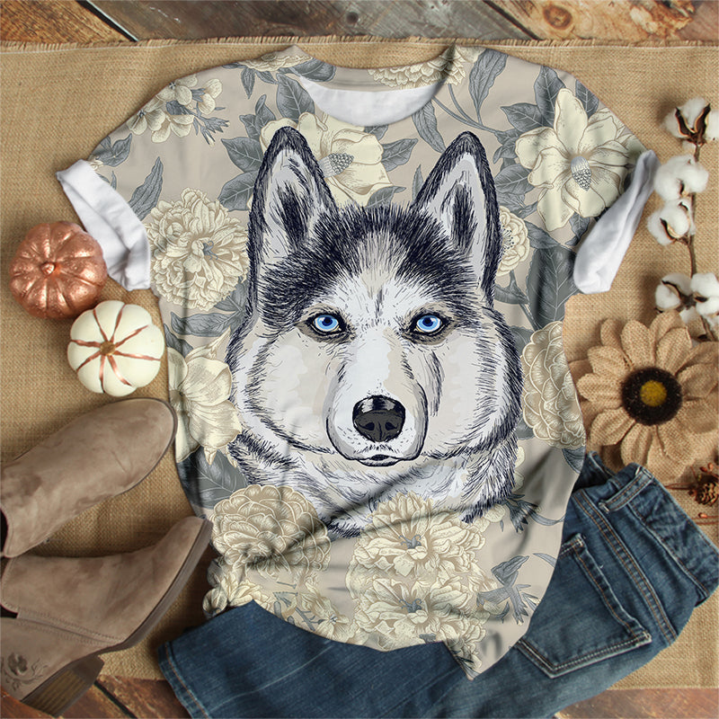 Husky Face Floral T-Shirt