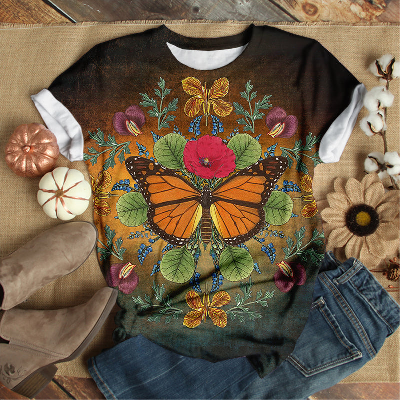 Orange Butterfly With Flowers T-Shirt