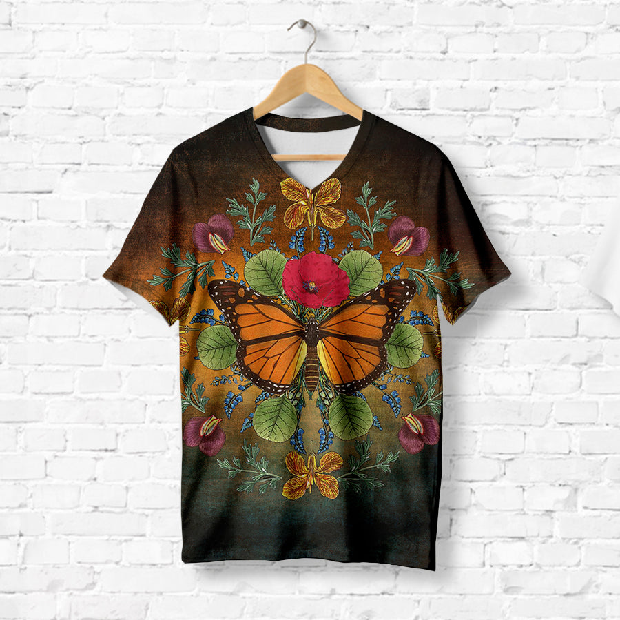 Orange Butterfly With Flowers T-Shirt