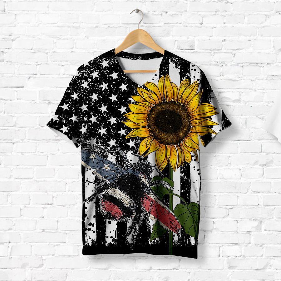 Bumblebee On American Flag Sunflower T-Shirt