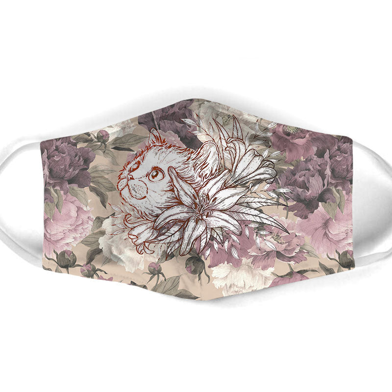 Abstract Cat Behind Flowers Face Mask