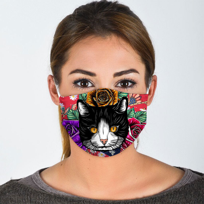 Tuxedo Cat With Flower Face Mask